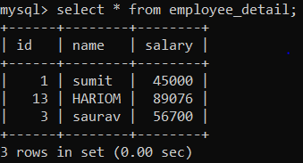 sql show data of table